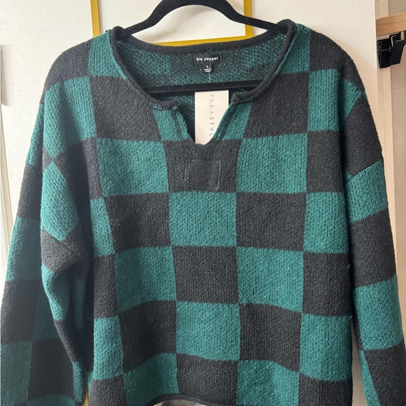 Blu Pepper Sweaters - Blu Pepper Teal and Black Checker Knit Pullover